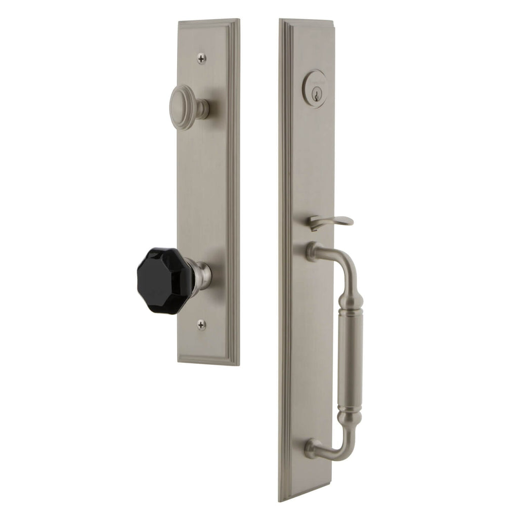 Grandeur Carré One-Piece Handleset with C Grip and Lyon Knob in Satin Nickel