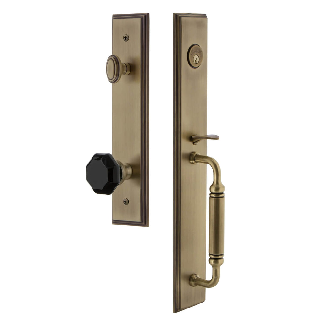 Grandeur Carré One-Piece Handleset with C Grip and Lyon Knob in Vintage Brass