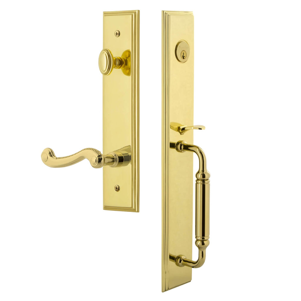 Carré One-Piece Handleset with C Grip and Newport Lever in Lifetime Brass