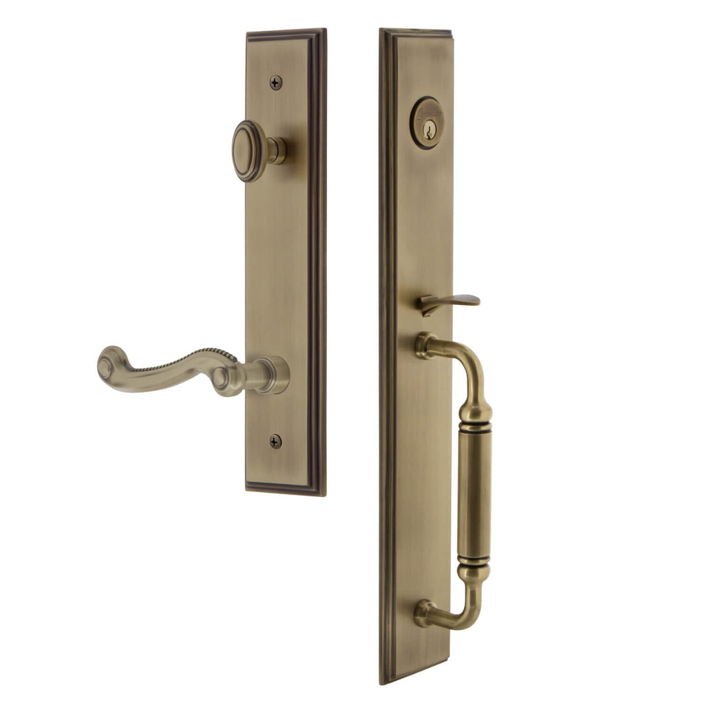 Carré One-Piece Handleset with C Grip and Newport Lever in Vintage Brass