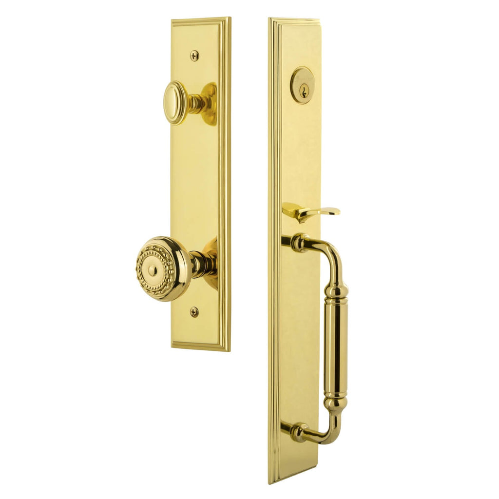 Carré One-Piece Handleset with C Grip and Parthenon Knob in Lifetime Brass