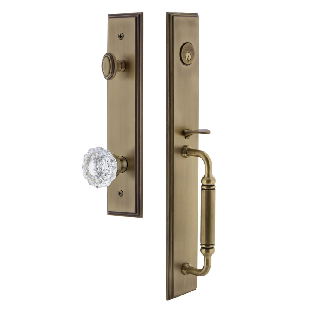 Carré One-Piece Handleset with C Grip and Versailles Knob in Vintage Brass