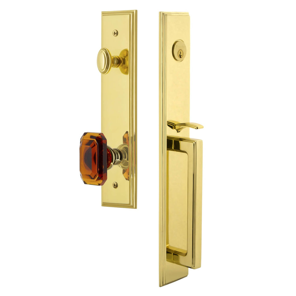 Carré One-Piece Handleset with D Grip and Baguette Amber Knob in Lifetime Brass