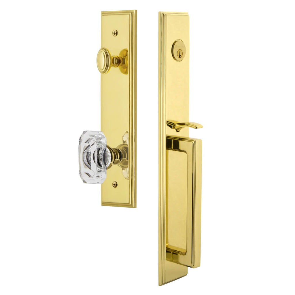 Carré One-Piece Handleset with D Grip and Baguette Clear Crystal Knob in Lifetime Brass