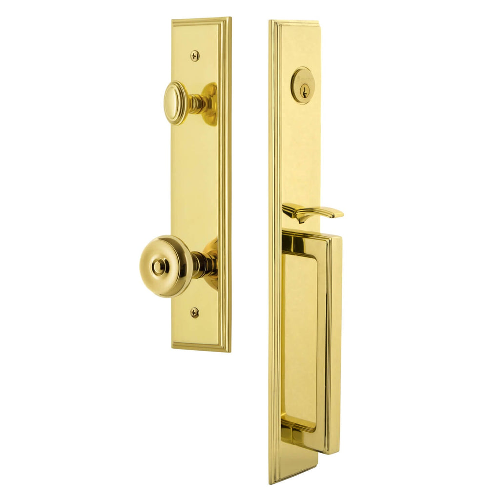 Carré One-Piece Handleset with D Grip and Bouton Knob in Lifetime Brass