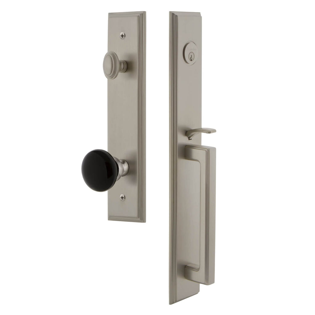 Grandeur Carré One-Piece Handleset with D Grip and Coventry Knob in Satin Nickel