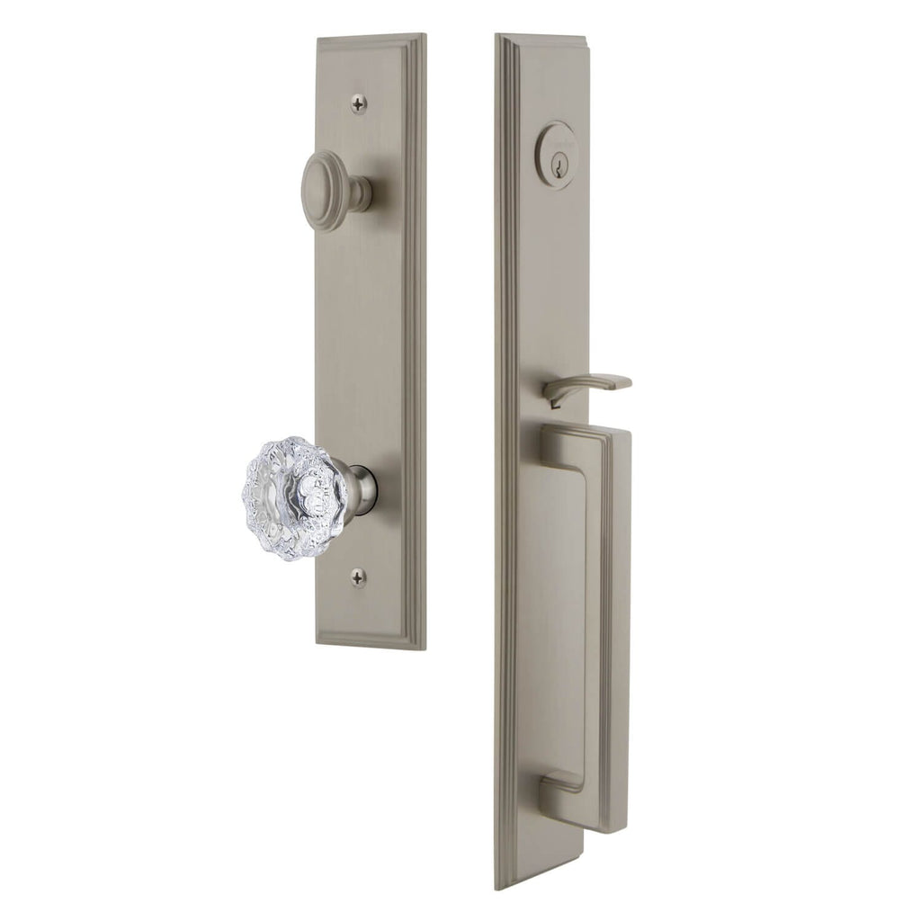 Carré One-Piece Handleset with D Grip and Fontainebleau Knob in Satin Nickel