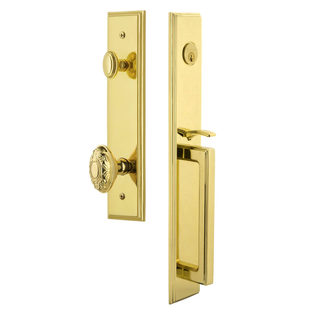 Carré One-Piece Handleset with D Grip and Grande Victorian Knob in Lifetime Brass