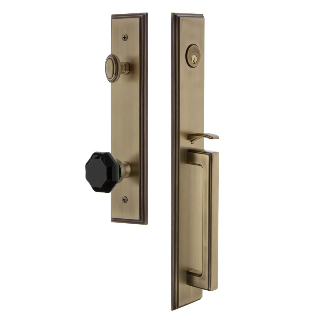 Grandeur Carré One-Piece Handleset with D Grip and Lyon Knob in Vintage Brass