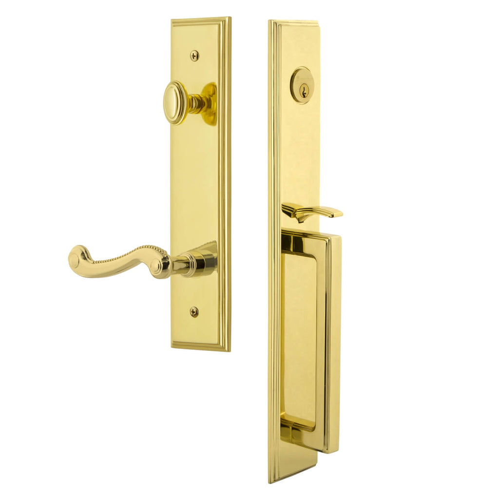 Carré One-Piece Handleset with D Grip and Newport Lever in Lifetime Brass