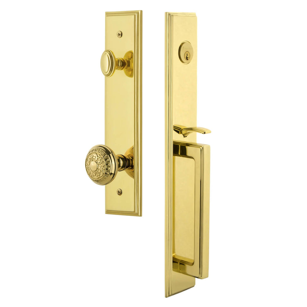 Carré One-Piece Handleset with D Grip and Windsor Knob in Lifetime Brass