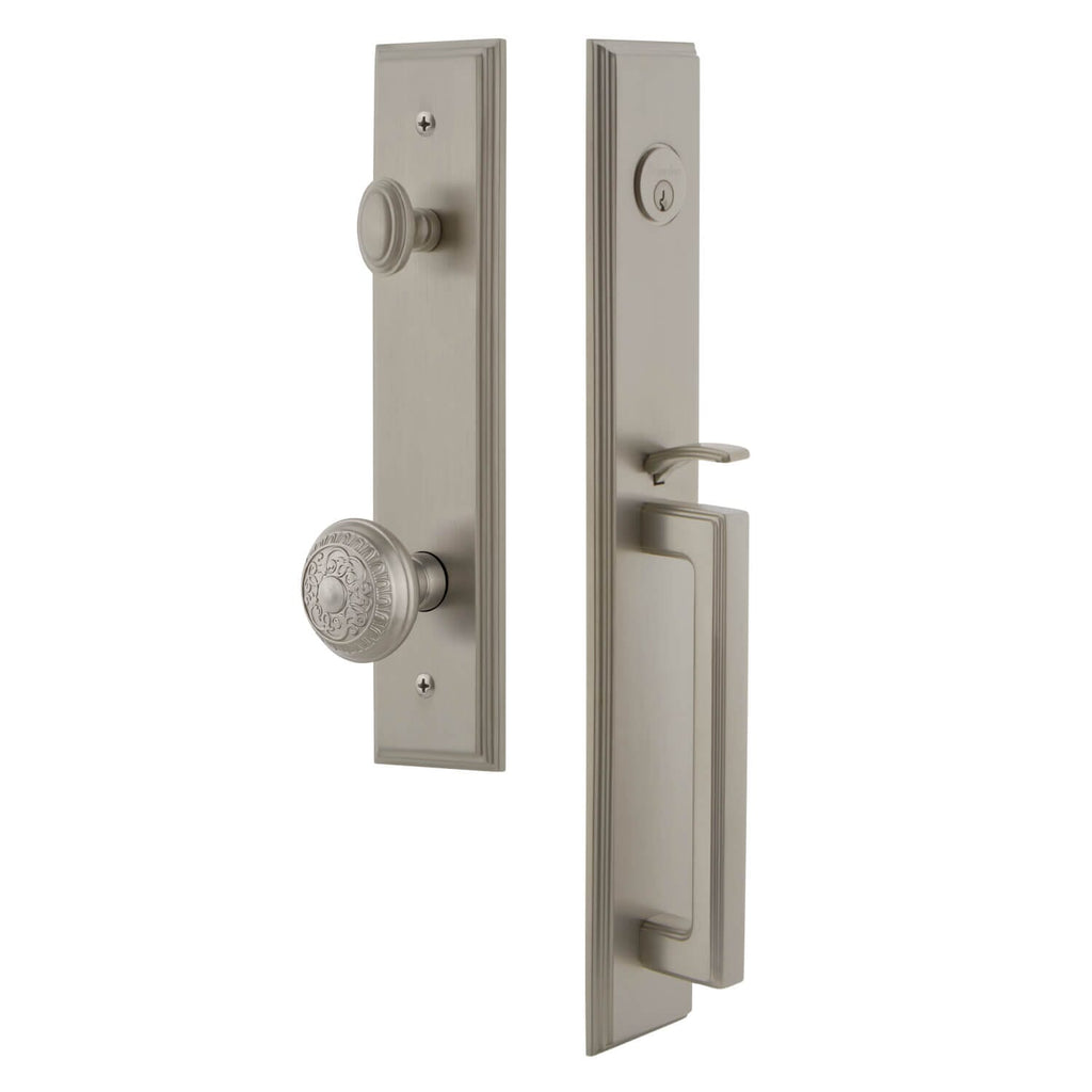 Carré One-Piece Handleset with D Grip and Windsor Knob in Satin Nickel