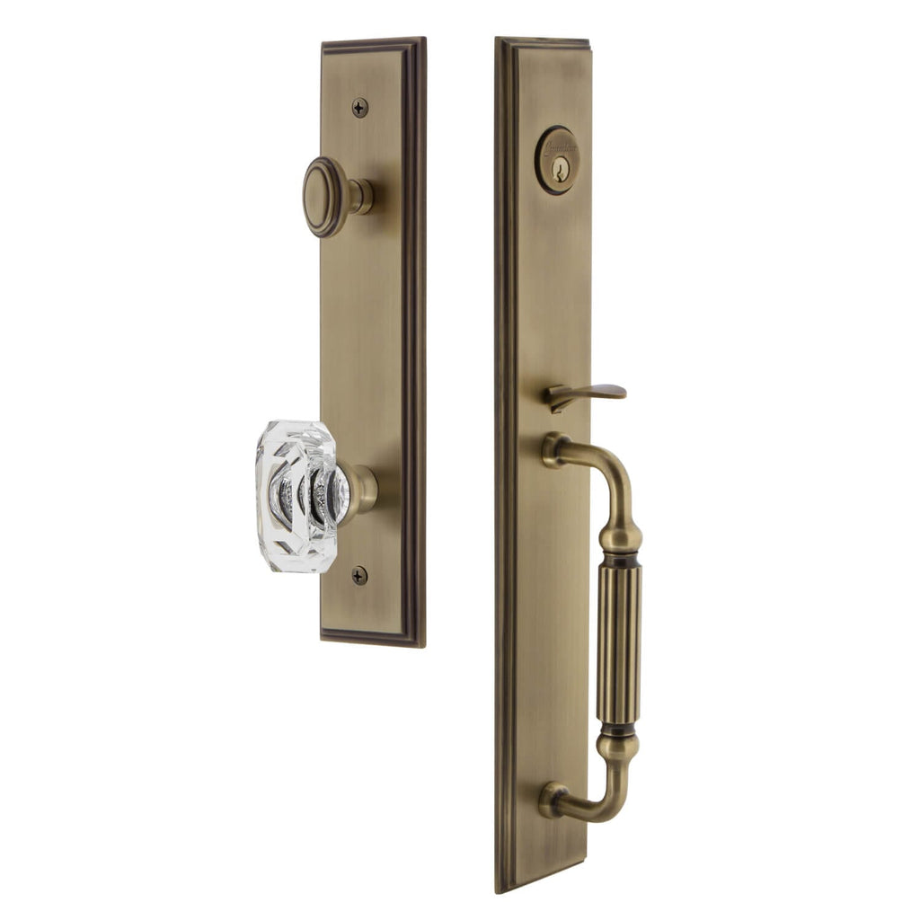 Carré One-Piece Handleset with F Grip and Baguette Clear Crystal Knob in Vintage Brass