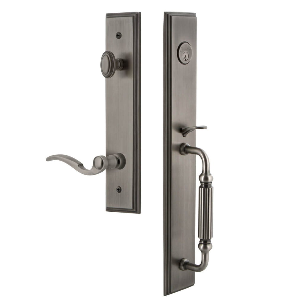 Carré One-Piece Handleset with F Grip and Bellagio Lever in Antique Pewter