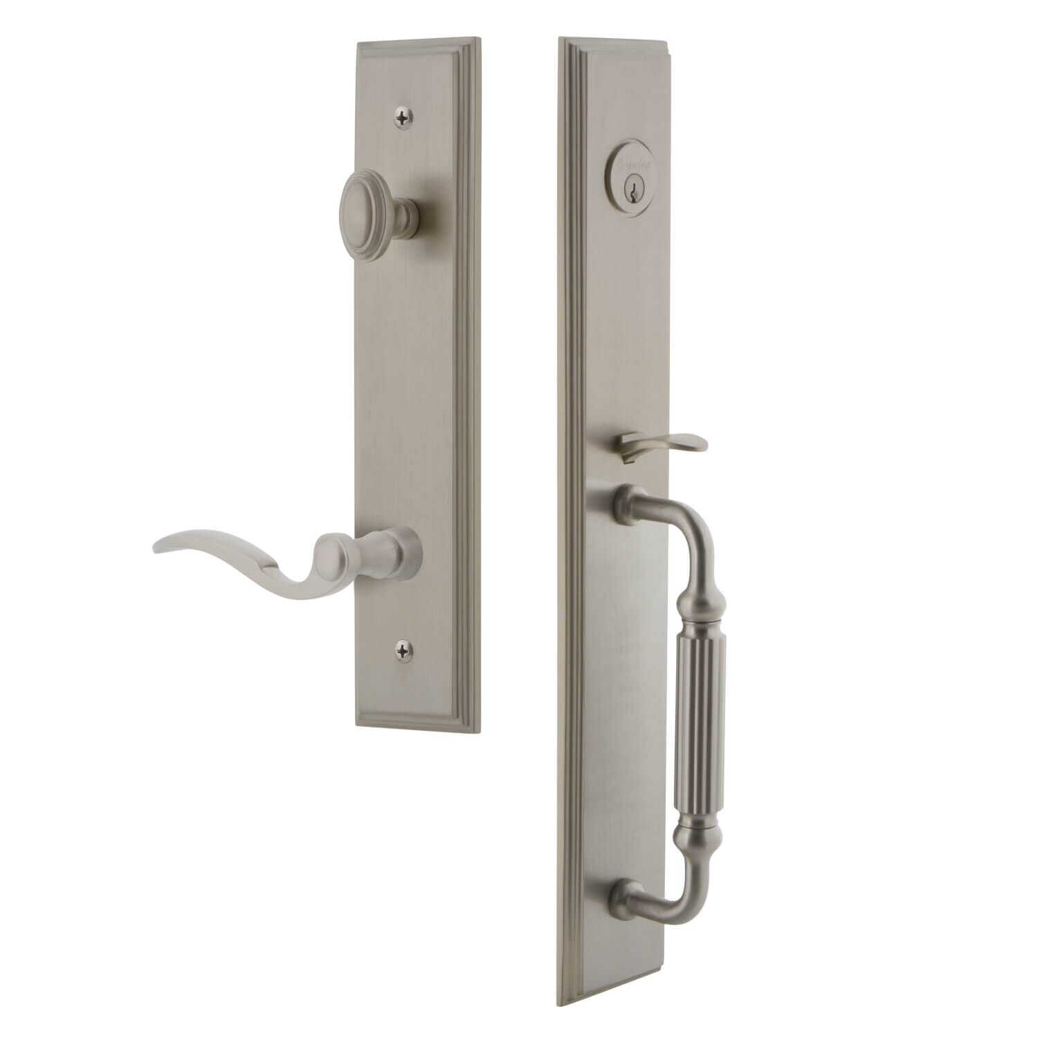 Carré One-Piece Handleset with F Grip and Bellagio Lever in Satin