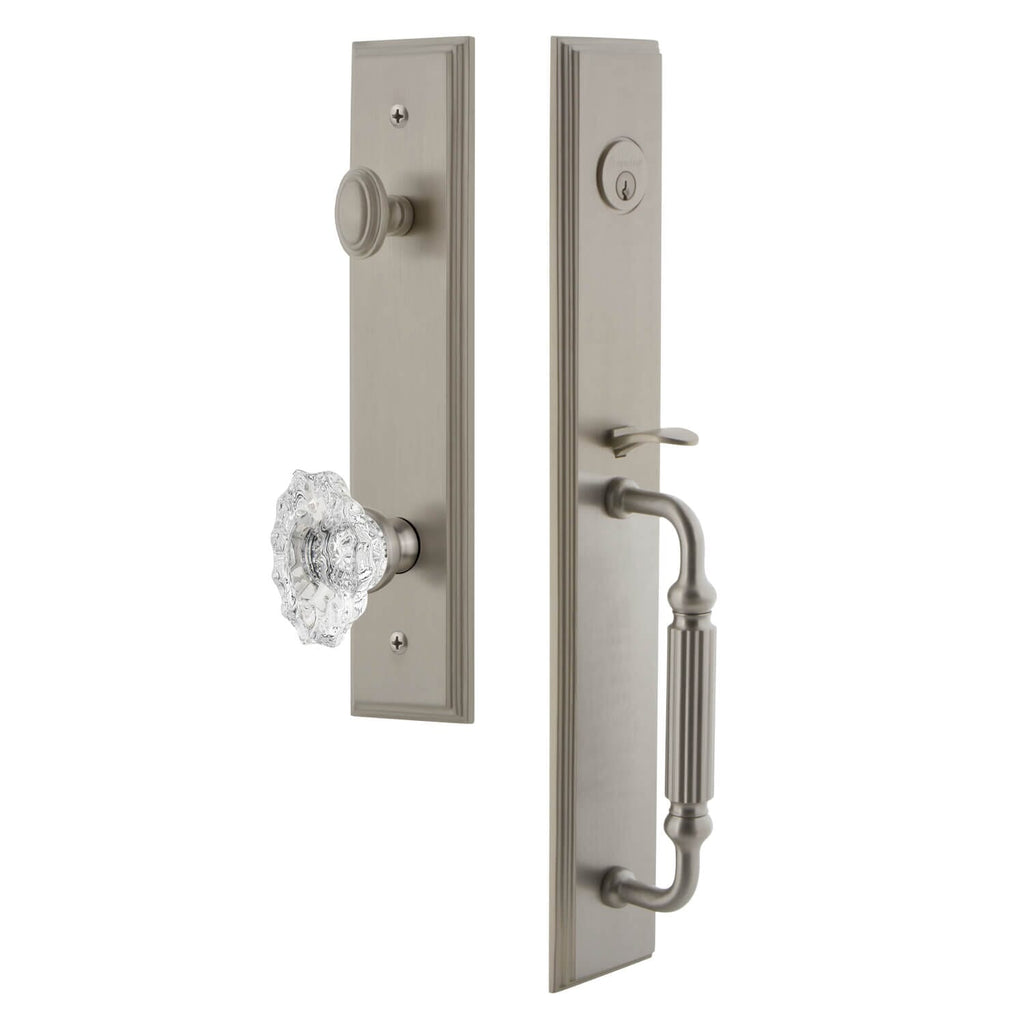 Carré One-Piece Handleset with F Grip and Biarritz Knob in Satin Nickel