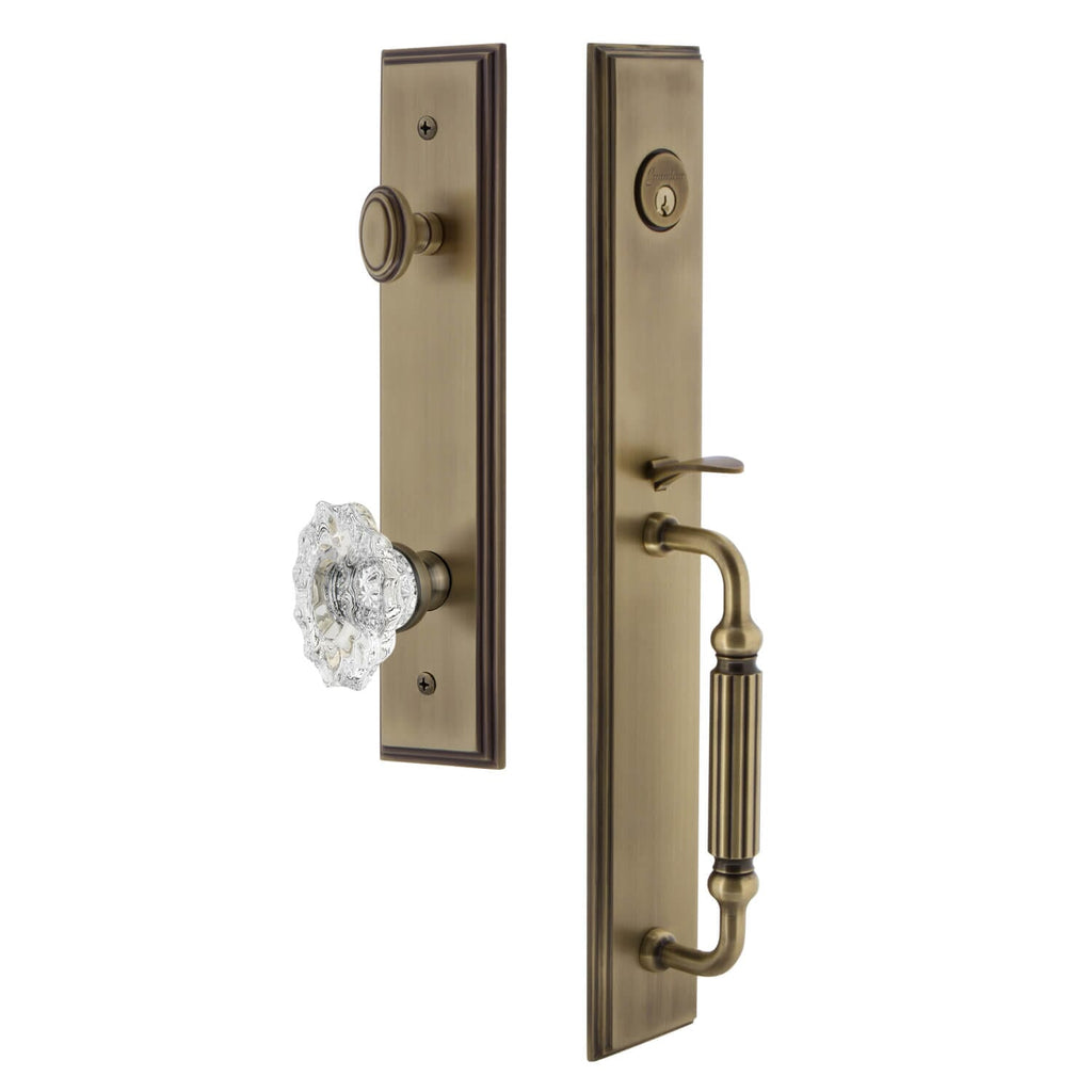 Carré One-Piece Handleset with F Grip and Biarritz Knob in Vintage Brass