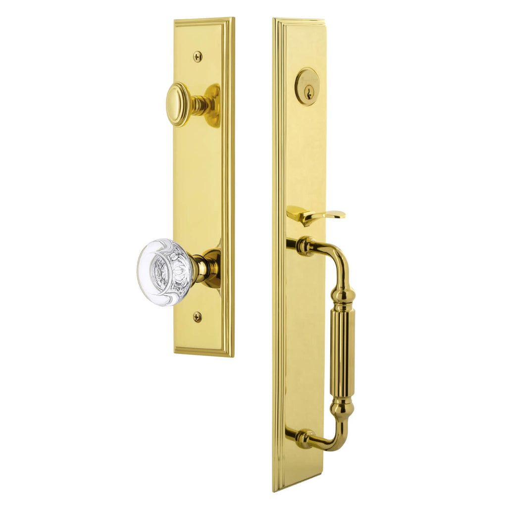 Carré One-Piece Handleset with F Grip and Bordeaux Knob in Lifetime Brass