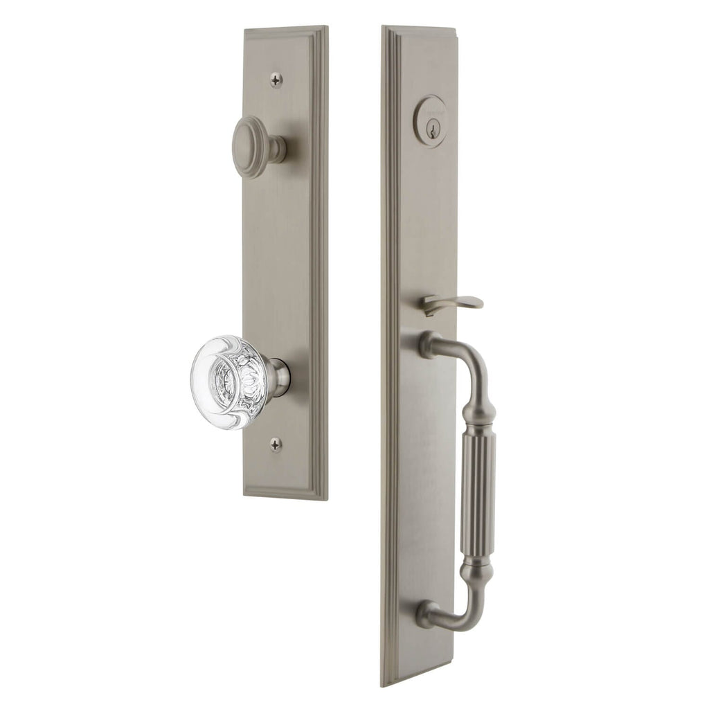 Carré One-Piece Handleset with F Grip and Bordeaux Knob in Satin Nickel