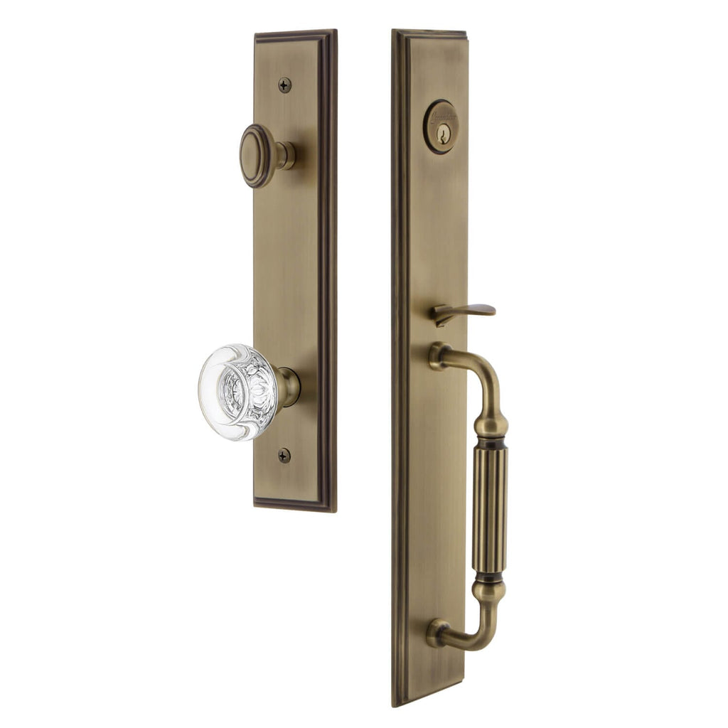 Carré One-Piece Handleset with F Grip and Bordeaux Knob in Vintage Brass