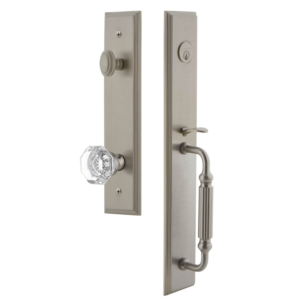 Carré One-Piece Handleset with F Grip and Chambord Crystal Knob in Satin Nickel