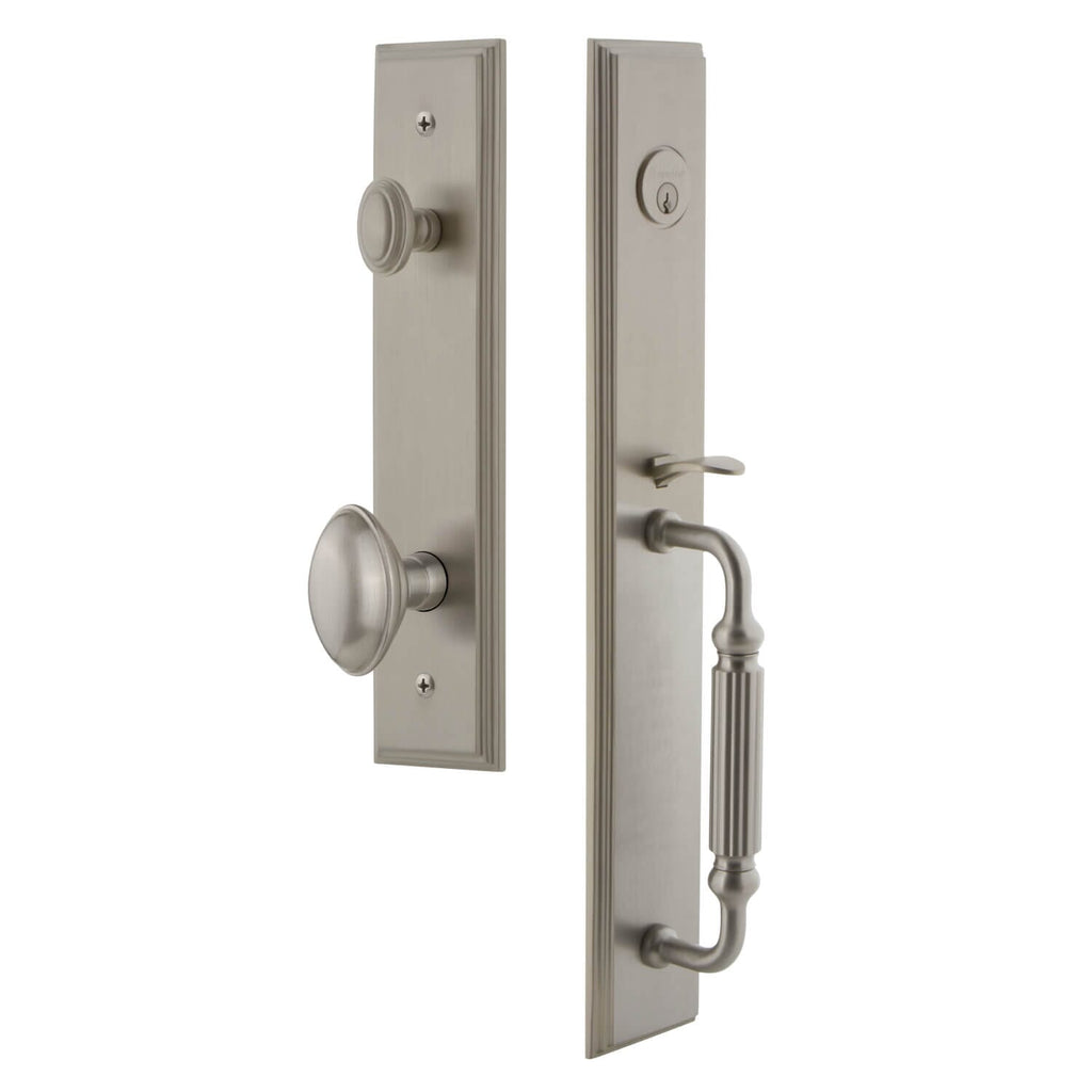 Carré One-Piece Handleset with F Grip and Eden Prairie Knob in Satin Nickel