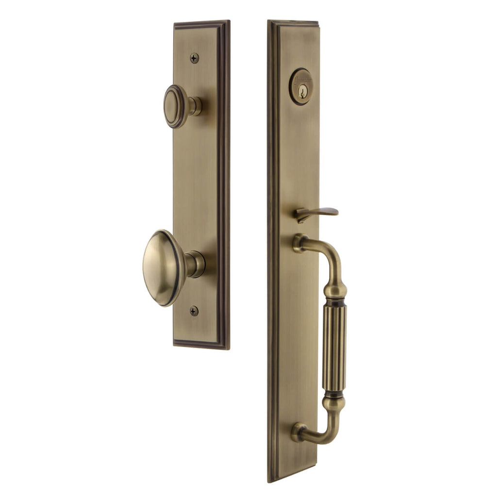 Carré One-Piece Handleset with F Grip and Eden Prairie Knob in Vintage Brass