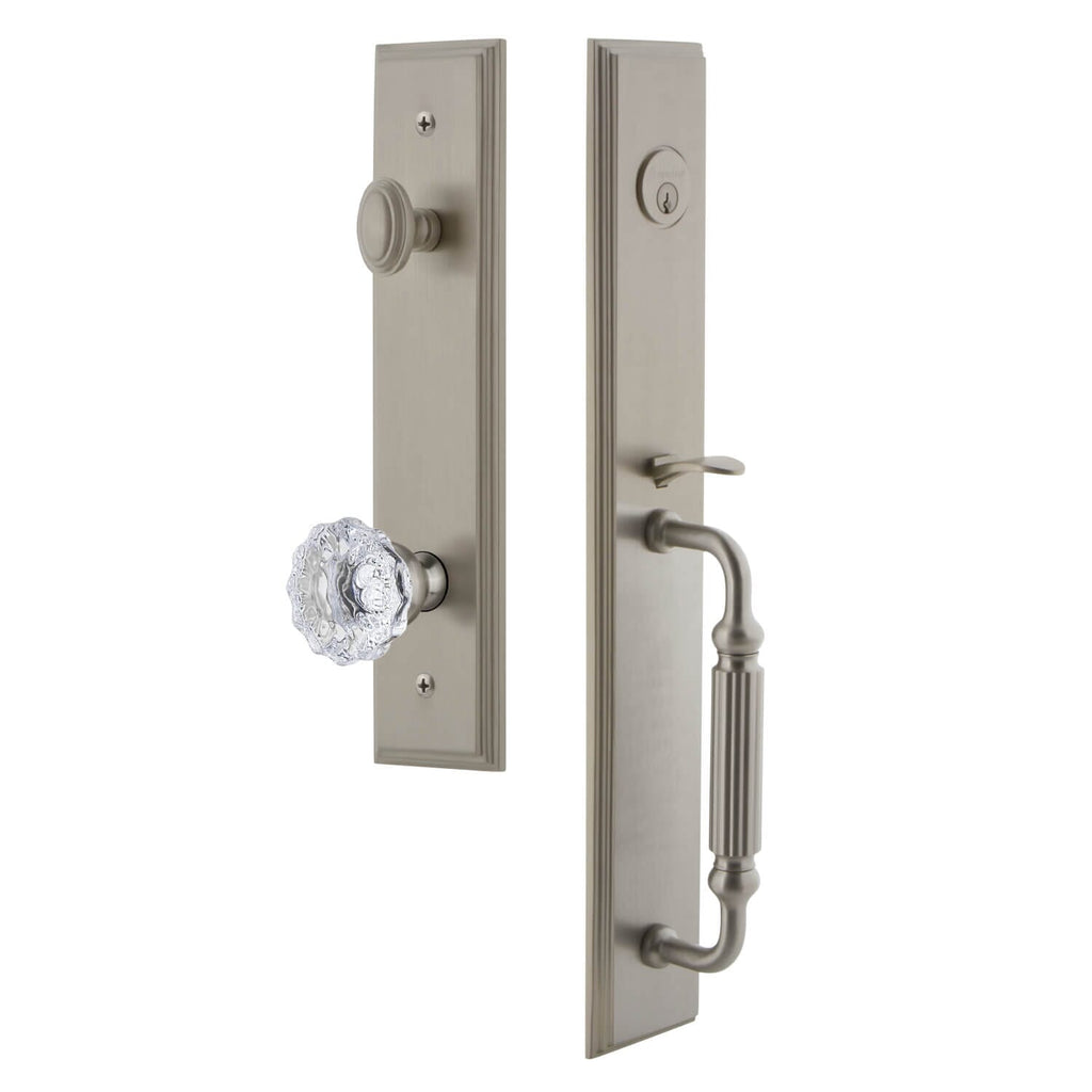 Carré One-Piece Handleset with F Grip and Fontainebleau Knob in Satin Nickel