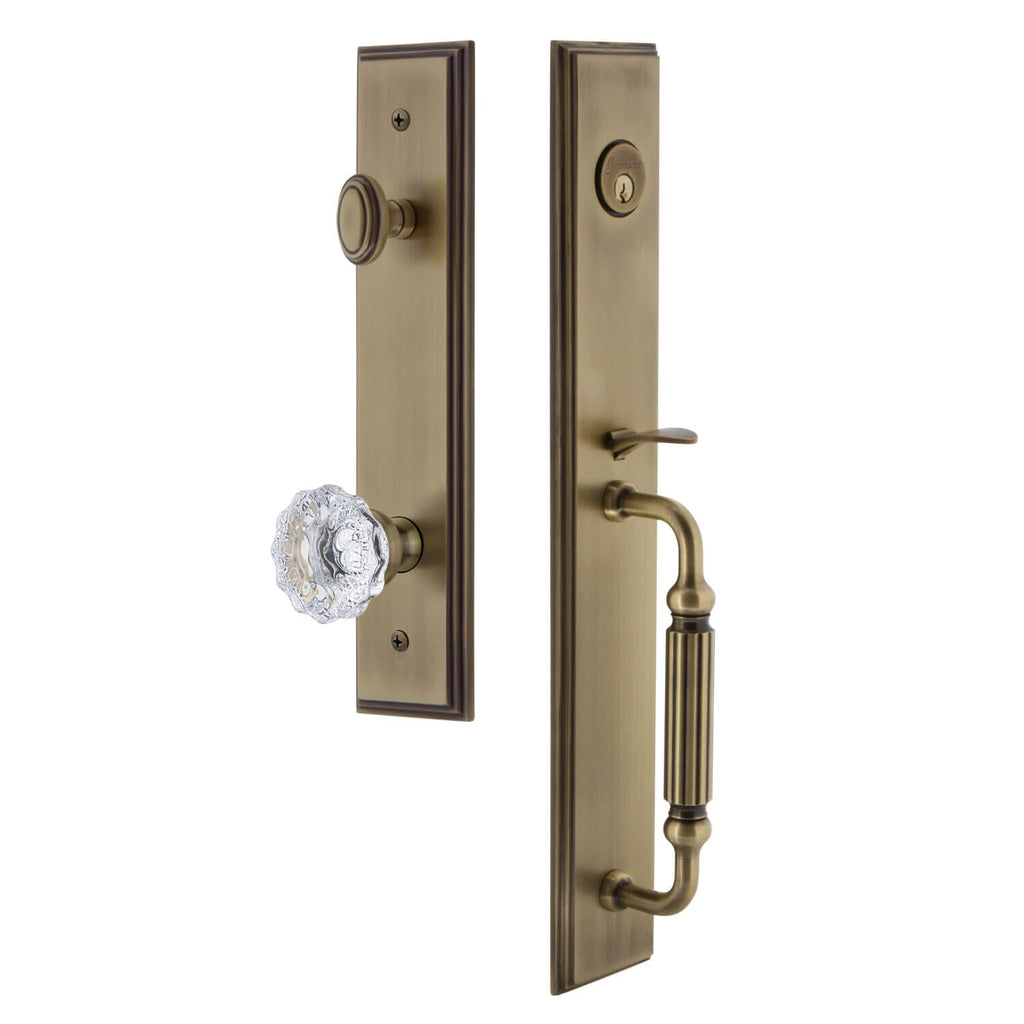 Carré One-Piece Handleset with F Grip and Fontainebleau Knob in Vintage Brass