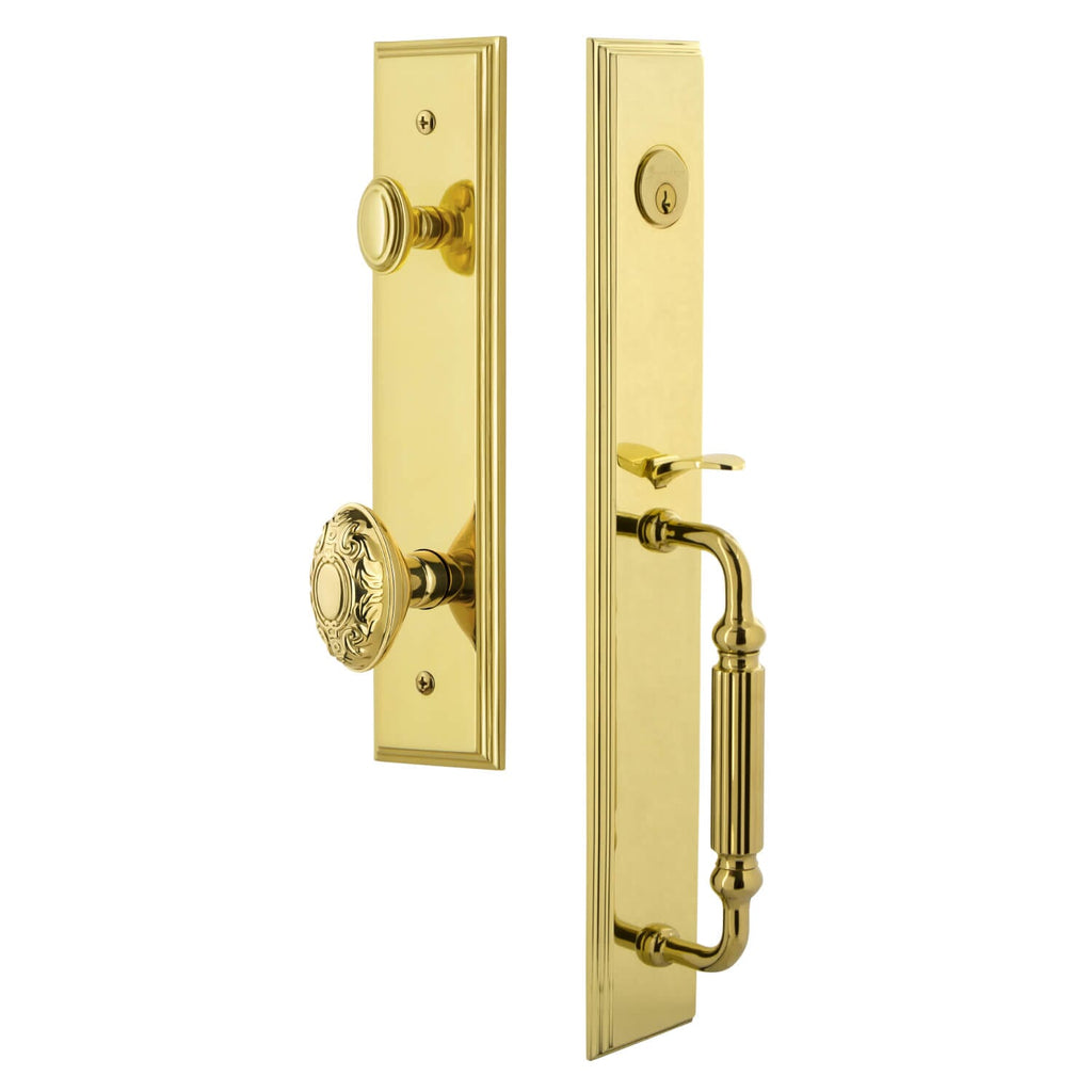 Carré One-Piece Handleset with F Grip and Grande Victorian Knob in Lifetime Brass