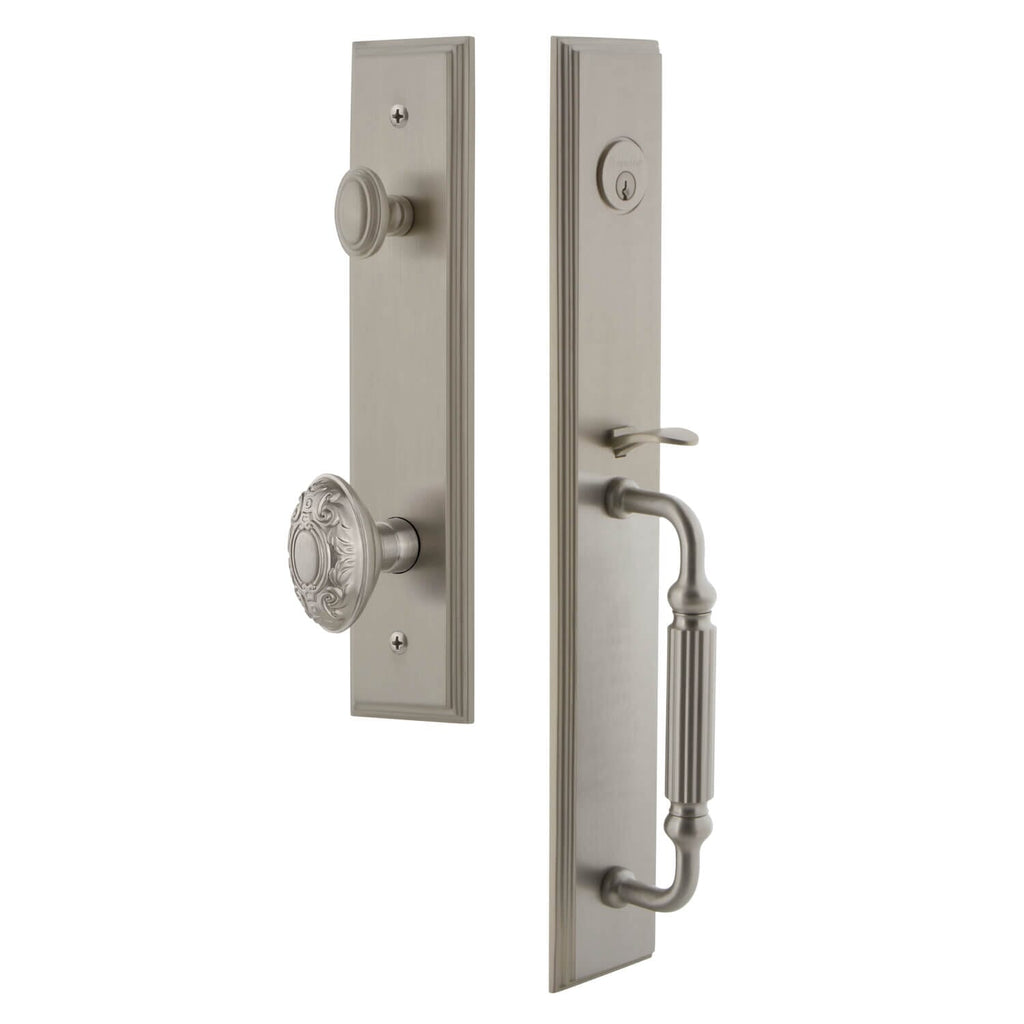 Carré One-Piece Handleset with F Grip and Grande Victorian Knob in Satin Nickel