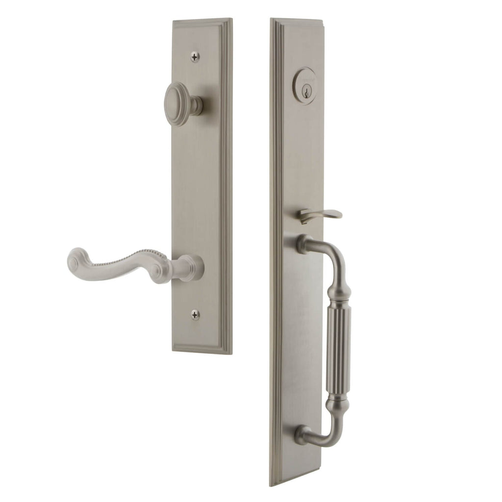 Carré One-Piece Handleset with F Grip and Newport Lever in Satin Nickel