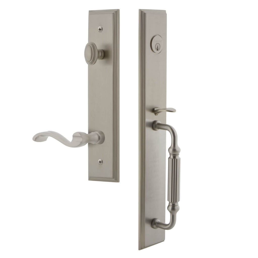 Carré One-Piece Handleset with F Grip and Portofino Lever in Satin Nickel