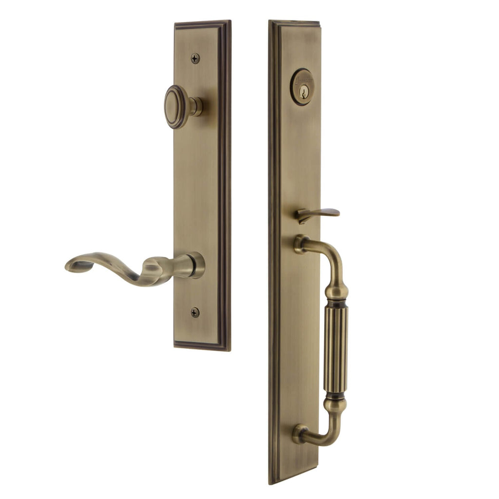 Carré One-Piece Handleset with F Grip and Portofino Lever in Vintage Brass