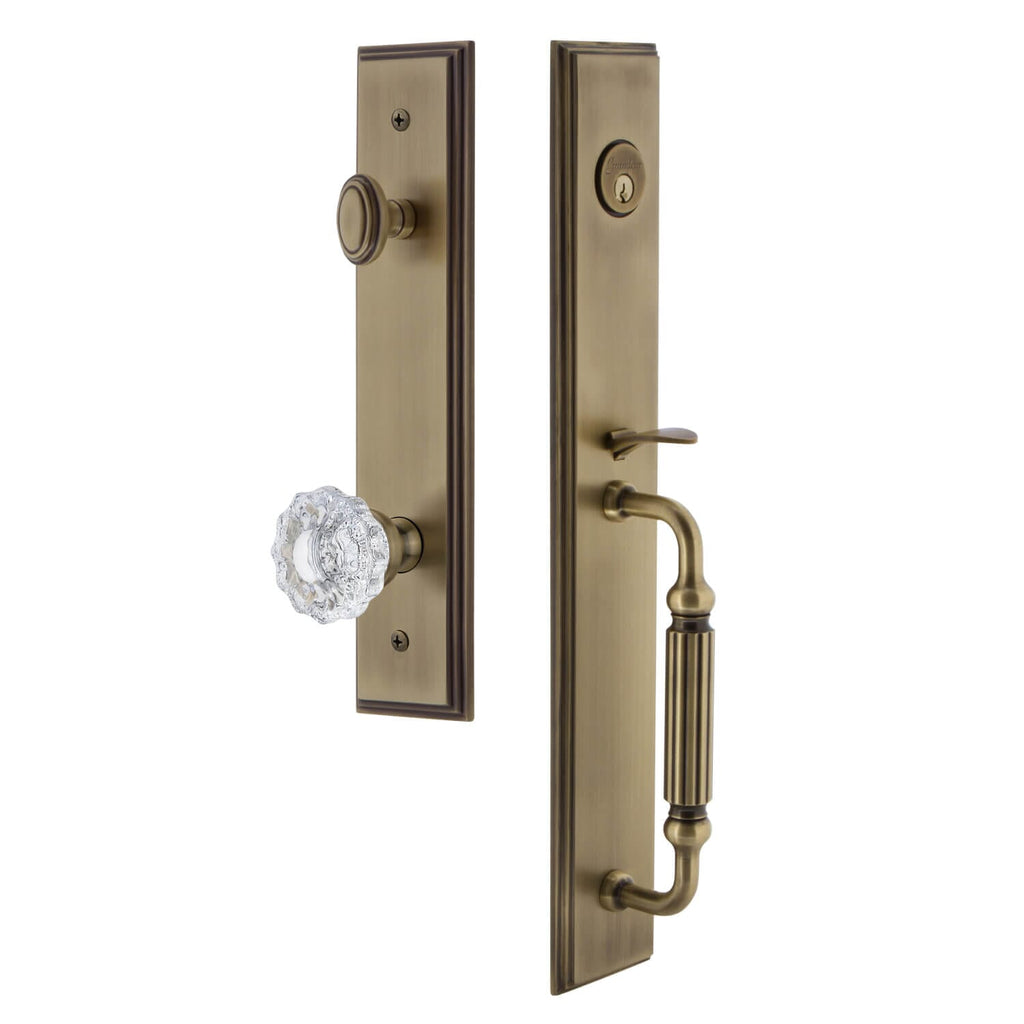 Carré One-Piece Handleset with F Grip and Versailles Knob in Vintage Brass