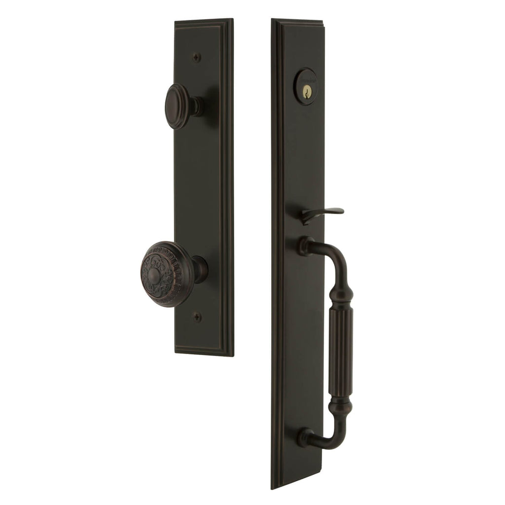 Carré One-Piece Handleset with F Grip and Windsor Knob in Timeless Bronze