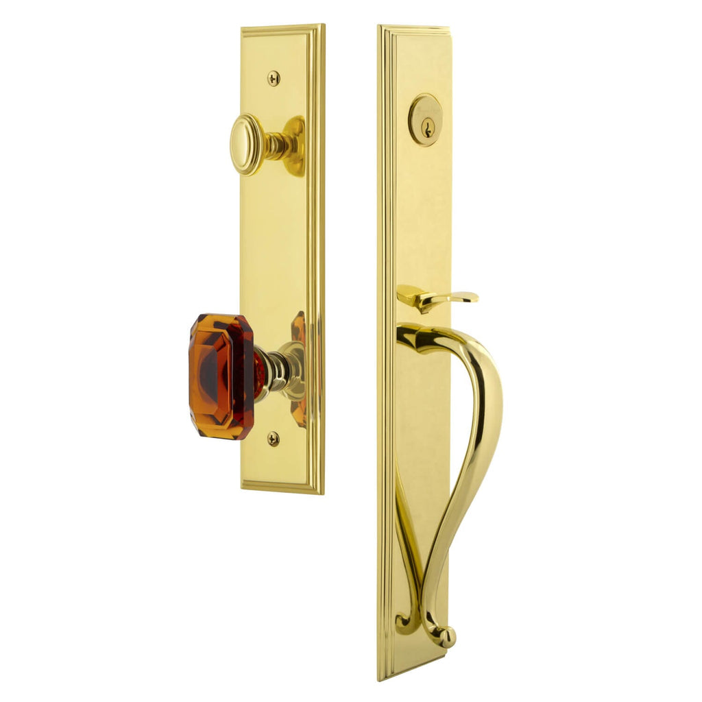 Carré One-Piece Handleset with S Grip and Baguette Amber Knob in Lifetime Brass