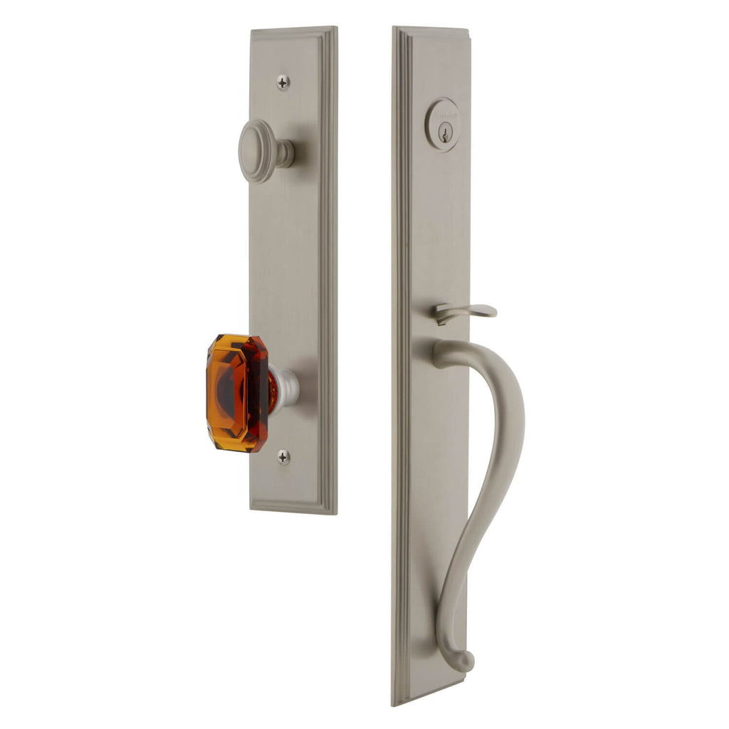 Carré One-Piece Handleset with S Grip and Baguette Amber Knob in Satin Nickel