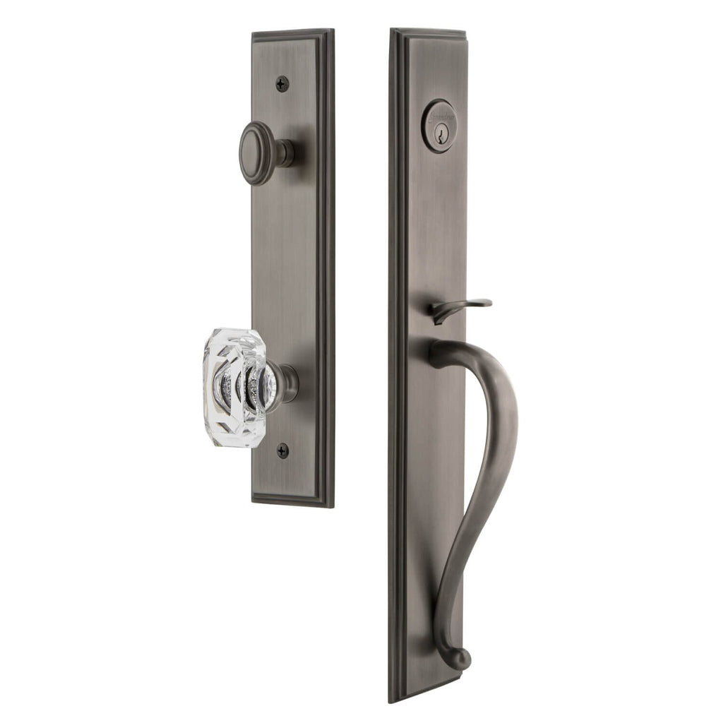 Carré One-Piece Handleset with S Grip and Baguette Clear Crystal Knob in Antique Pewter