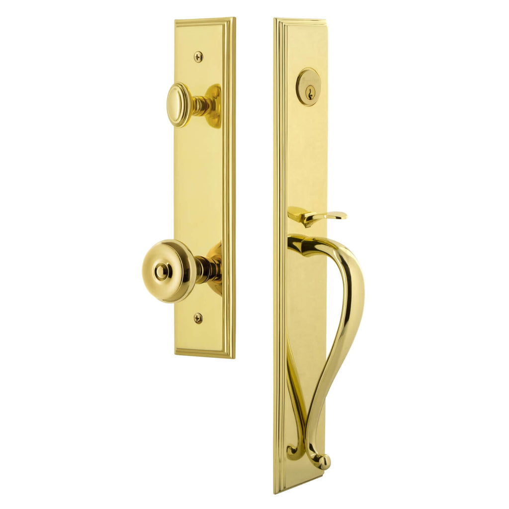 Carré One-Piece Handleset with S Grip and Bouton Knob in Lifetime Brass