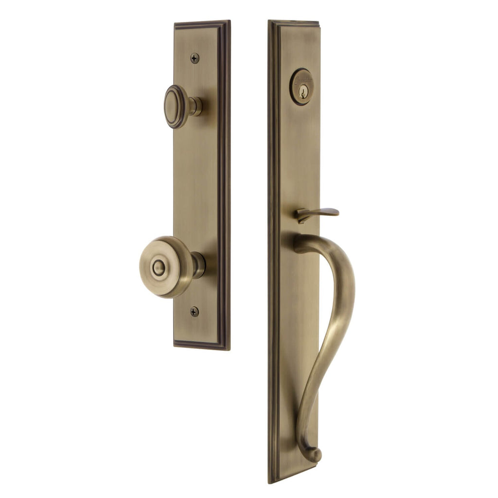 Carré One-Piece Handleset with S Grip and Bouton Knob in Vintage Brass