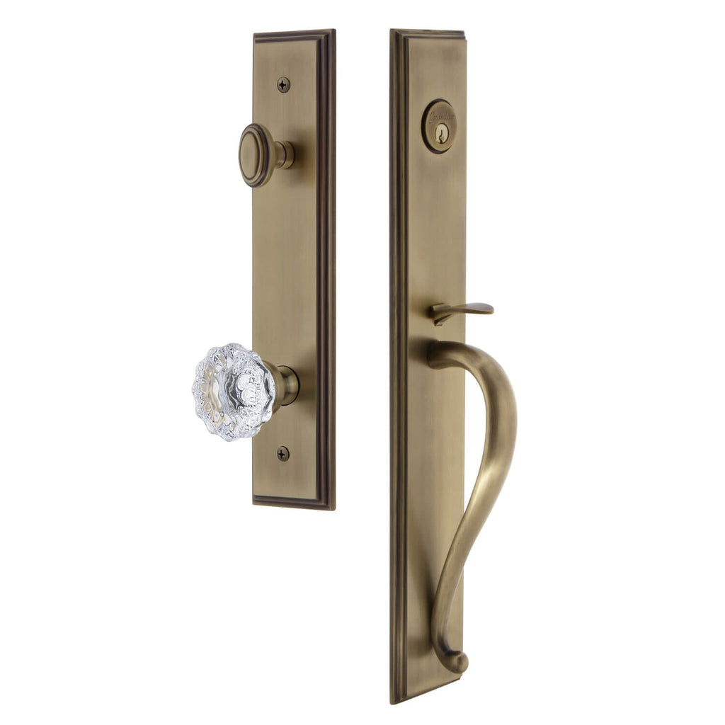 Carré One-Piece Handleset with S Grip and Fontainebleau Knob in Vintage Brass