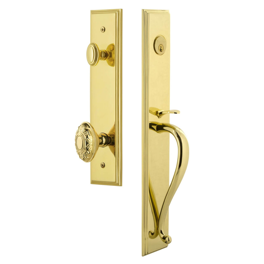 Carré One-Piece Handleset with S Grip and Grande Victorian Knob in Lifetime Brass