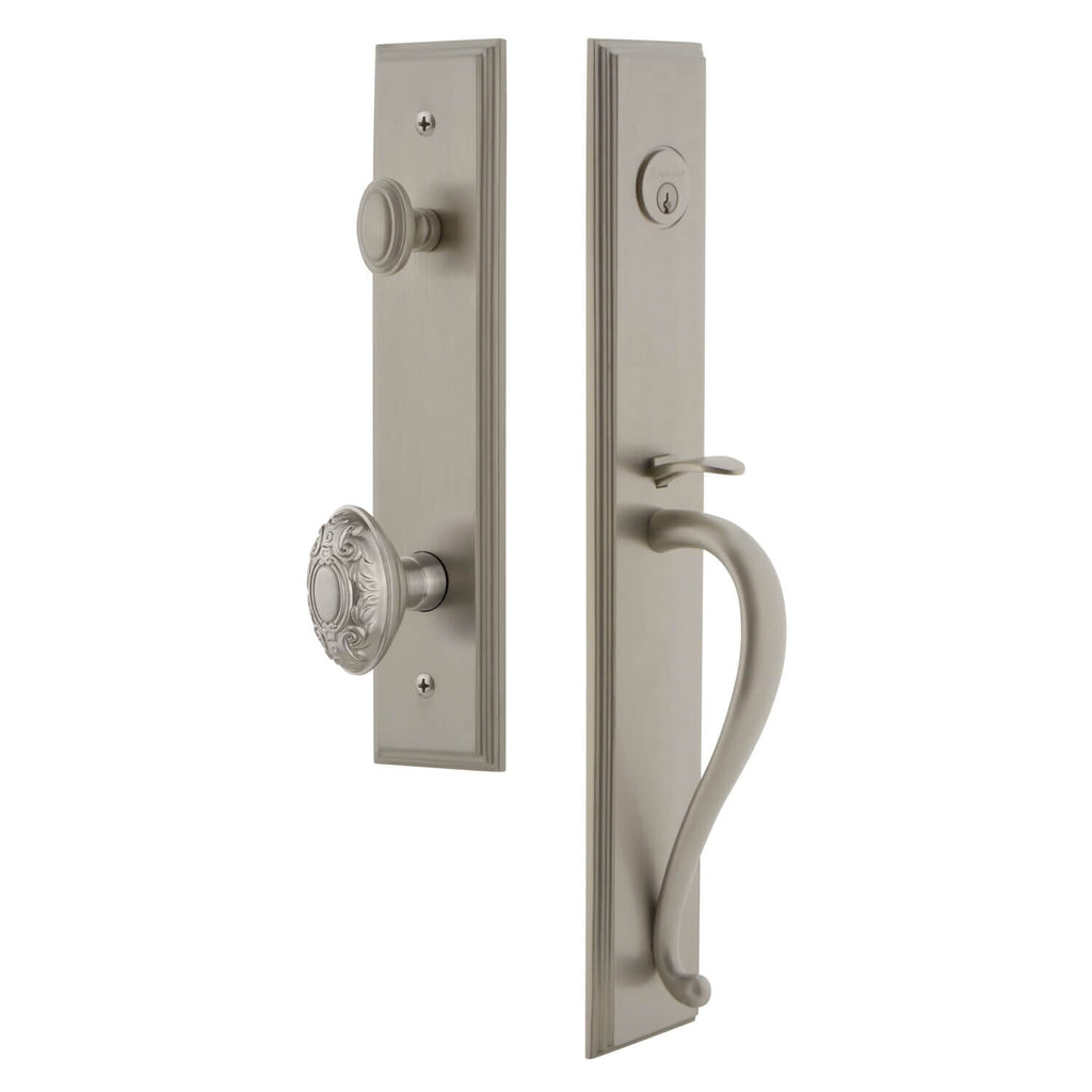 Carré One-Piece Handleset with S Grip and Grande Victorian Knob in Satin Nickel
