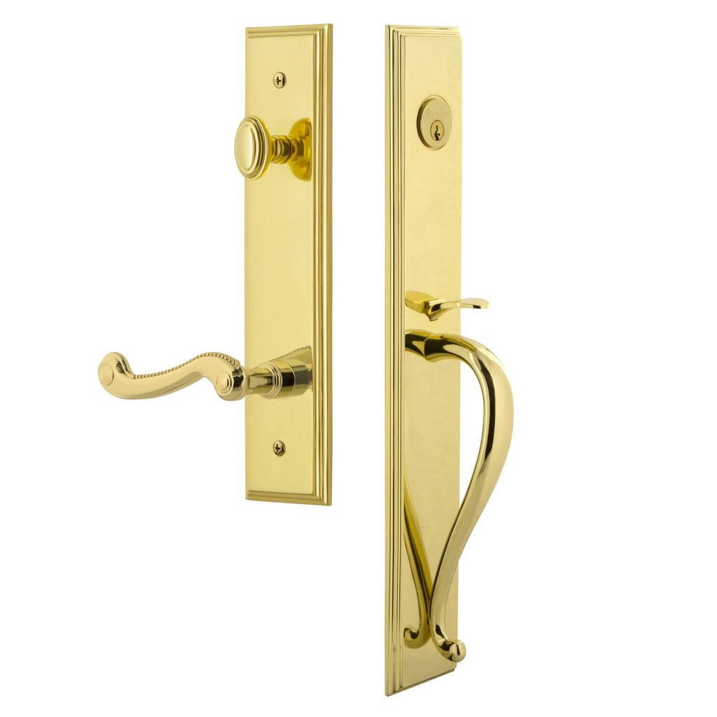 Carré One-Piece Handleset with S Grip and Newport Lever in Lifetime Brass