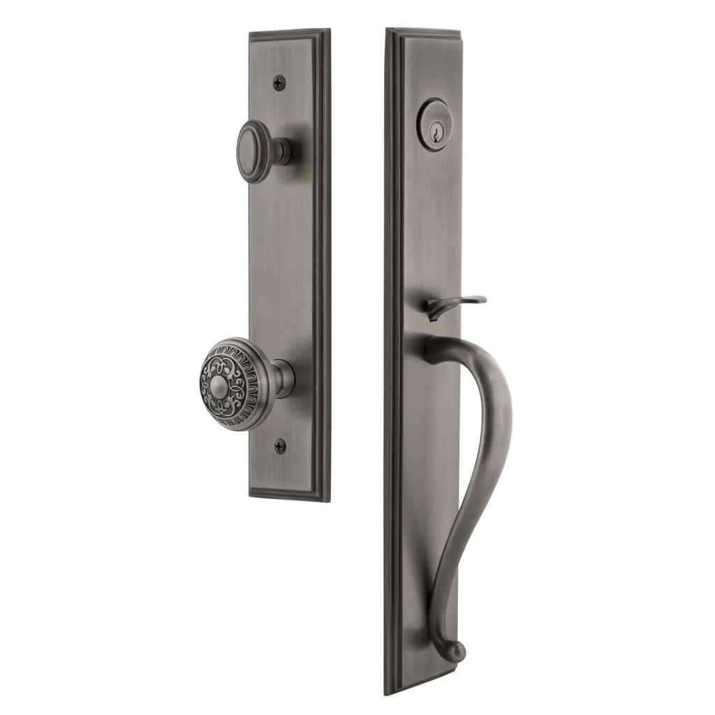 Carré One-Piece Handleset with S Grip and Windsor Knob in Antique Pewter