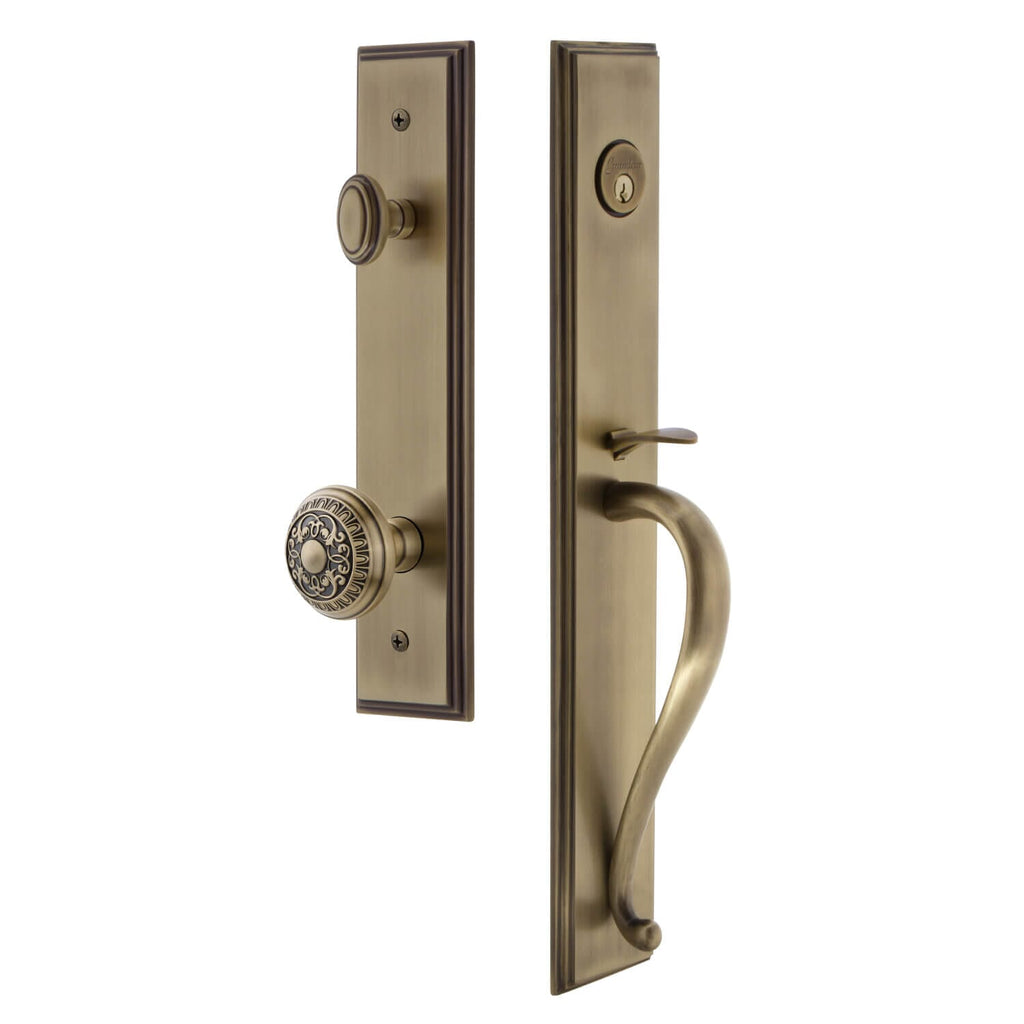 Carré One-Piece Handleset with S Grip and Windsor Knob in Vintage Brass