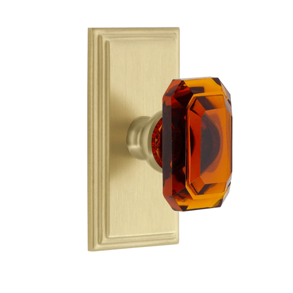 Carré Short Plate with Baguette Amber Crystal Knob in Satin Brass