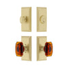 Carre Short Plate Entry Set with Baguette Amber Crystal Knob in Satin Brass