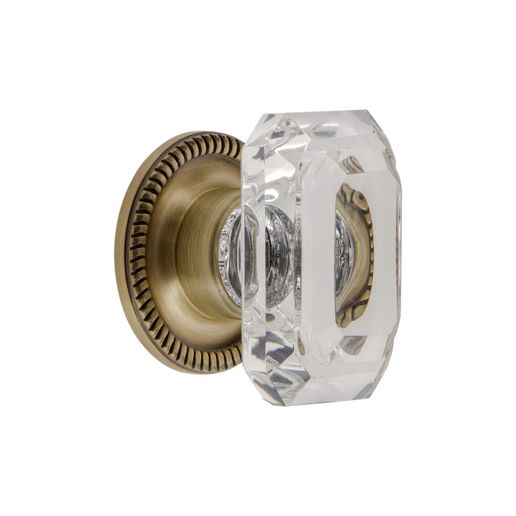Baguette Clear Crystal 1-3/4" Cabinet Knob with Newport Rosette in Vintage Brass